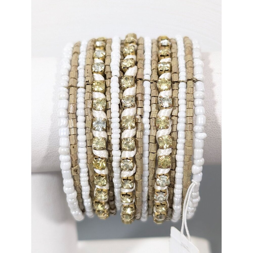 New York & Co White Bead Yellow Rhinestone Wide Cuff‎ Bracelet Boho Coastal Chic